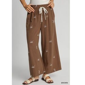 "The Monica" Brown Pants Embroidered Bow Linen Pull on
